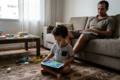 Criança fascinada por tela, mostrando o impacto das telas nas crianças.