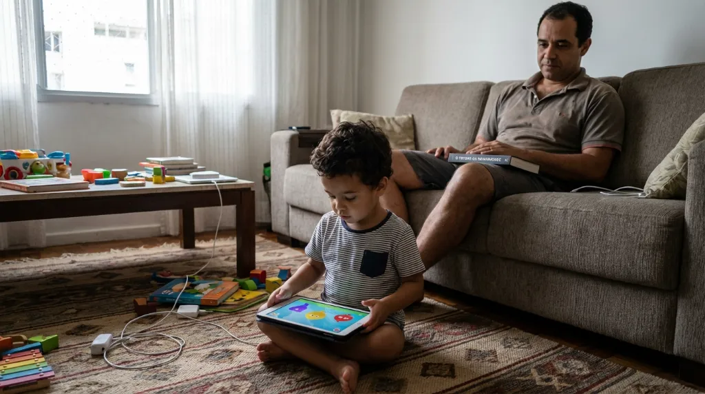 Criança fascinada por tela, mostrando o impacto das telas nas crianças.
