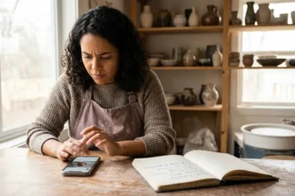 Mulher sorrindo, usando celular com tela exibindo legendas instagram que convertem, em ambiente de trabalho