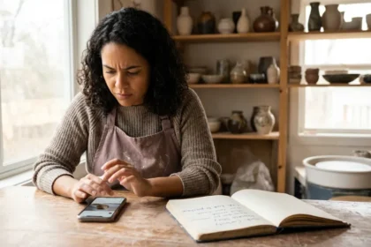 Mulher sorrindo, usando celular com tela exibindo legendas instagram que convertem, em ambiente de trabalho