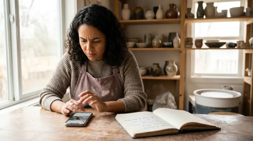 Mulher sorrindo, usando celular com tela exibindo legendas instagram que convertem, em ambiente de trabalho