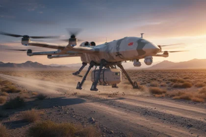 Imagem horizontal 16:9 do novo drone chinês usa com tecnologia de IA sobre estrada de terra