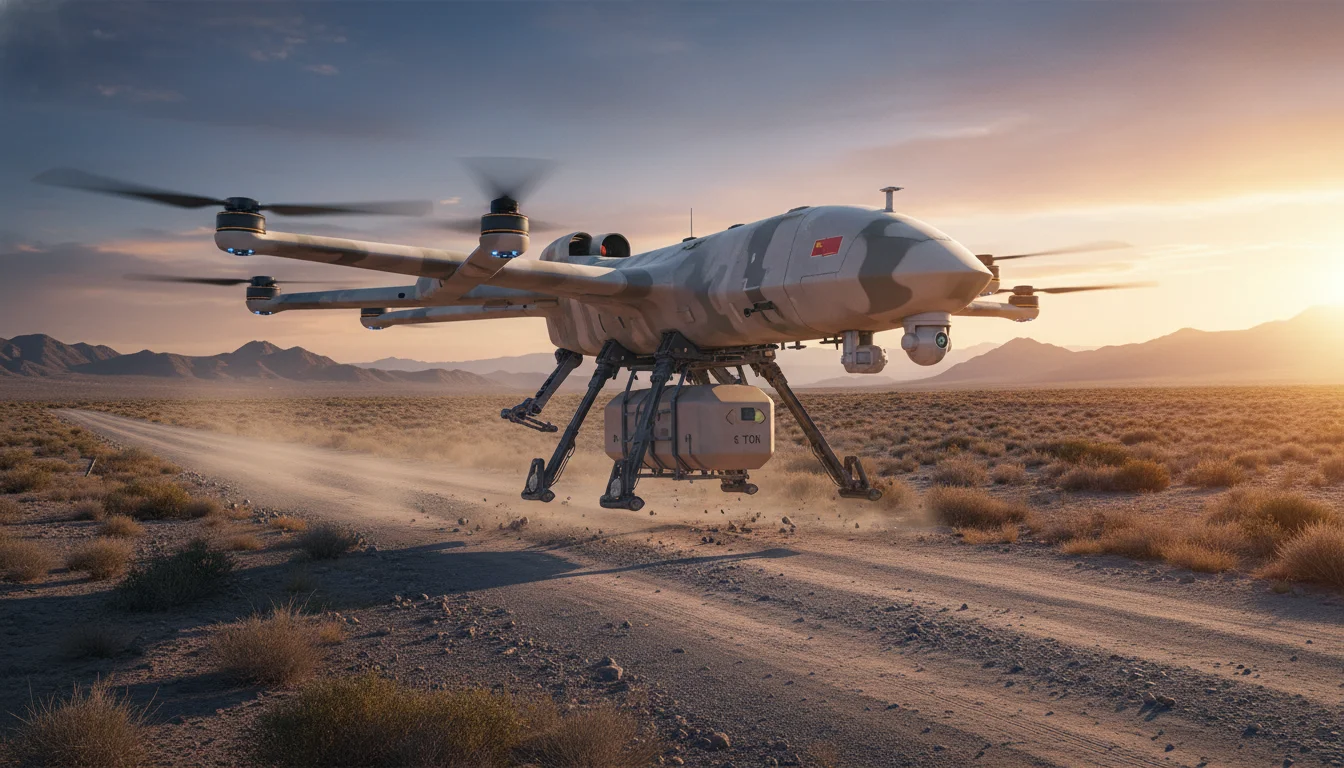 Imagem horizontal 16:9 do novo drone chinês usa com tecnologia de IA sobre estrada de terra