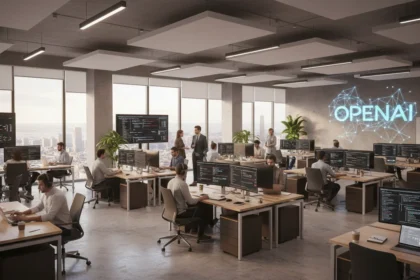 Imagem de um escritório da OpenAI com funcionários no trabalho, simbolizando o avanço da openai supera us 20