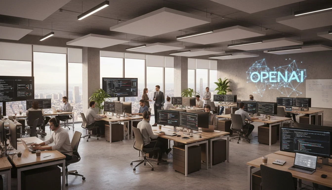Imagem de um escritório da OpenAI com funcionários no trabalho, simbolizando o avanço da openai supera us 20