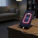 Pessoa carregando celular incorretamente, mostrando uma bateria de smartphone em 100% com sinal de desgaste.