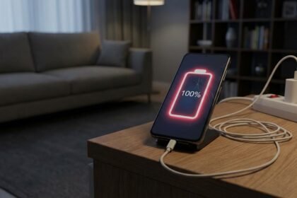 Pessoa carregando celular incorretamente, mostrando uma bateria de smartphone em 100% com sinal de desgaste.