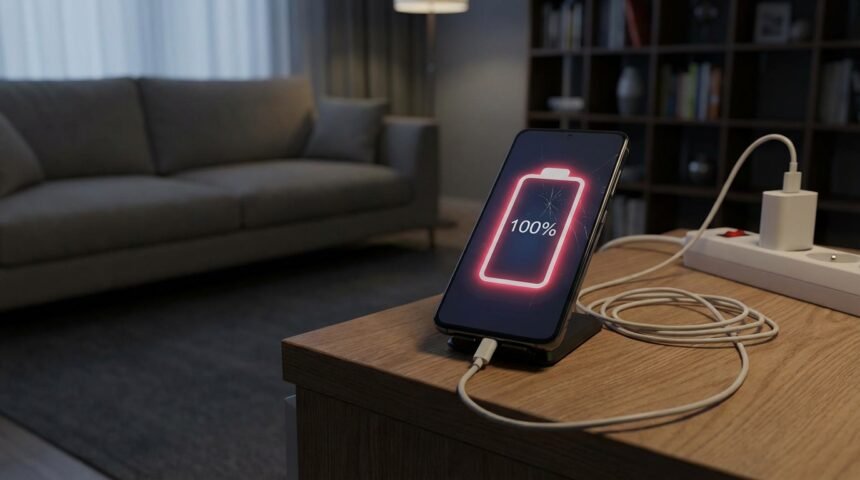 Pessoa carregando celular incorretamente, mostrando uma bateria de smartphone em 100% com sinal de desgaste.