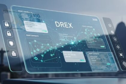 Representação visual de uma carteira digital moderna com o símbolo do DREX, contrastando com notas de dinheiro físico em segundo plano, simbolizando a transição para o digital e as novas formas de controle financeiro.