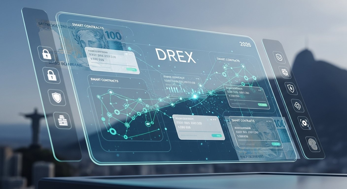 Representação visual de uma carteira digital moderna com o símbolo do DREX, contrastando com notas de dinheiro físico em segundo plano, simbolizando a transição para o digital e as novas formas de controle financeiro.