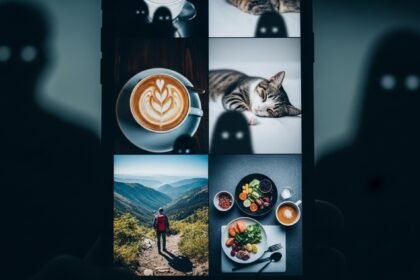 Uma pessoa navegando em redes sociais com fotos de rotina, enquanto figuras sombrias espreitam ao fundo, simbolizando o perigo e a vigilância de criminosos online.