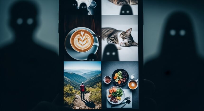 Uma pessoa navegando em redes sociais com fotos de rotina, enquanto figuras sombrias espreitam ao fundo, simbolizando o perigo e a vigilância de criminosos online.