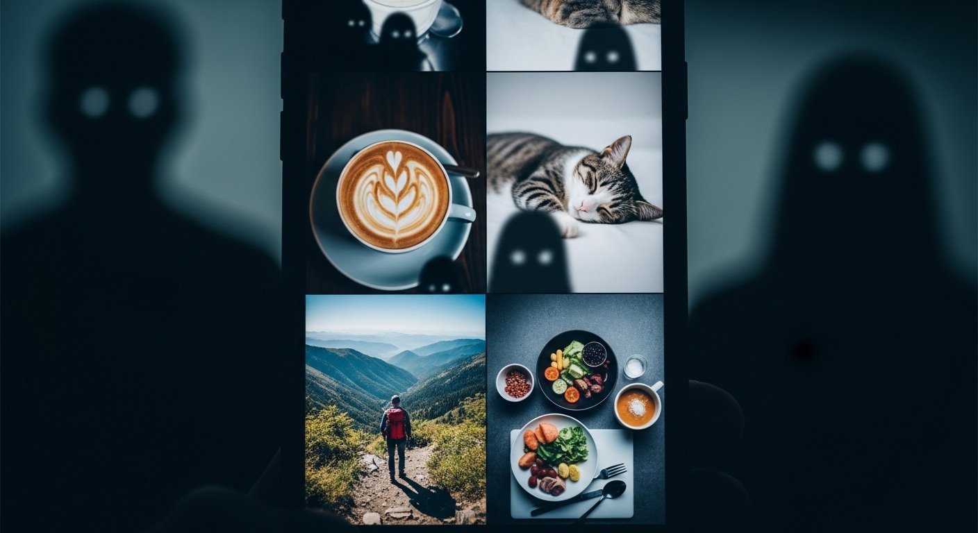 Uma pessoa navegando em redes sociais com fotos de rotina, enquanto figuras sombrias espreitam ao fundo, simbolizando o perigo e a vigilância de criminosos online.