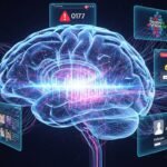 Cérebro humano conectado a redes sociais, ilustrando a captura de atenção e liberação de dopamina por influenciadores digitais