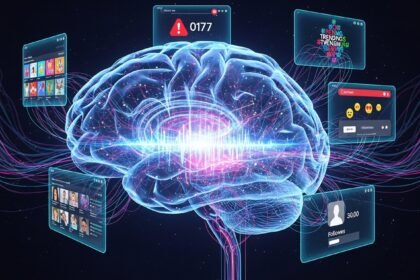Cérebro humano conectado a redes sociais, ilustrando a captura de atenção e liberação de dopamina por influenciadores digitais