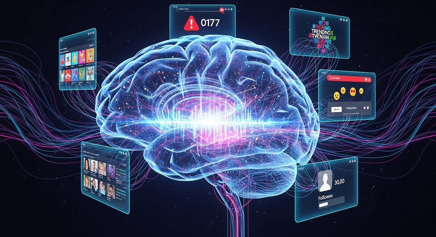 Cérebro humano conectado a redes sociais, ilustrando a captura de atenção e liberação de dopamina por influenciadores digitais