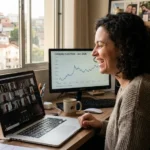 Profissional feliz trabalhando no exterior e ganhando em euro, simbolizando sucesso financeiro internacional.