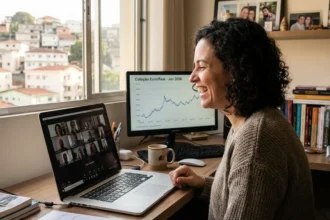 Profissional feliz trabalhando no exterior e ganhando em euro, simbolizando sucesso financeiro internacional.