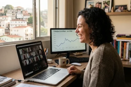 Profissional feliz trabalhando no exterior e ganhando em euro, simbolizando sucesso financeiro internacional.