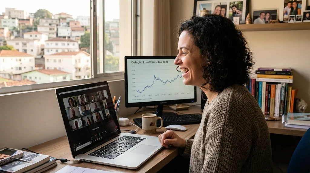 Profissional feliz trabalhando no exterior e ganhando em euro, simbolizando sucesso financeiro internacional.