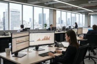 Cérebro eletrônico em miniatura, simbolizando as novas IAs mini, com circuitos luminosos.