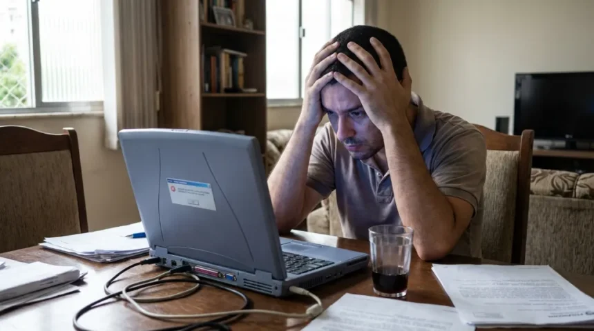 Um notebook aberto em uma mesa com um café, representando a busca por um notebook barato.