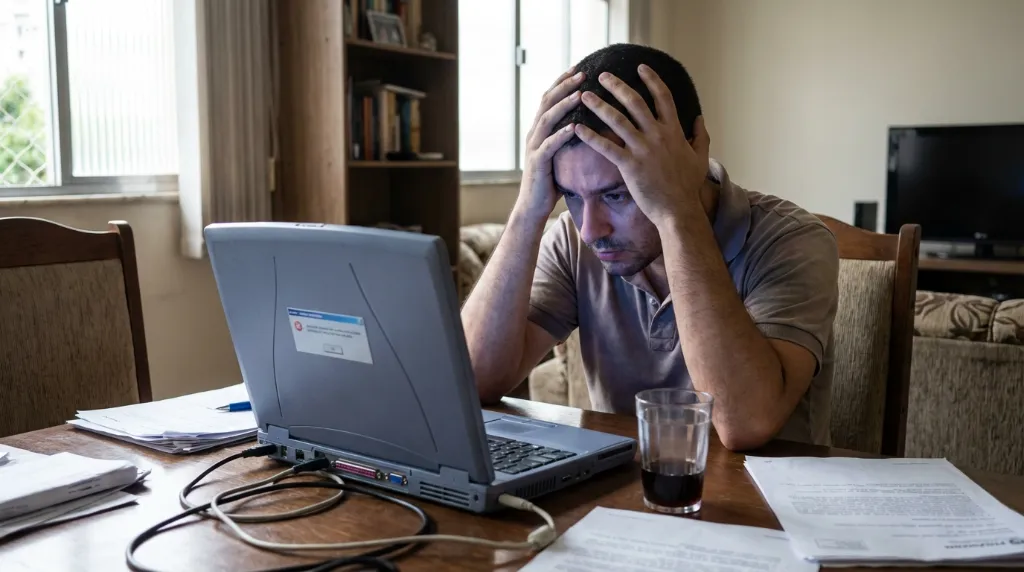 Um notebook aberto em uma mesa com um café, representando a busca por um notebook barato.