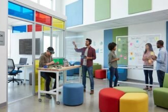 Profissionais diversos trabalhando em tecnologia, simbolizando contratações baseadas em habilidades sem diploma universitário