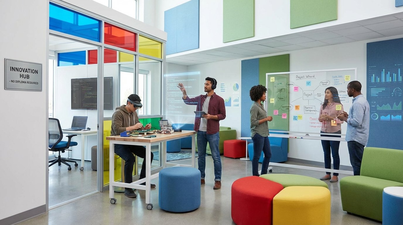 Profissionais diversos trabalhando em tecnologia, simbolizando contratações baseadas em habilidades sem diploma universitário