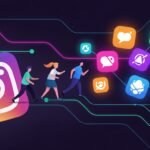 Ilustração mostrando pessoas migrando de um ícone do Instagram em direção a novos ícones de redes sociais, simbolizando a perda de público