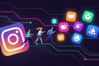 Ilustração mostrando pessoas migrando de um ícone do Instagram em direção a novos ícones de redes sociais, simbolizando a perda de público