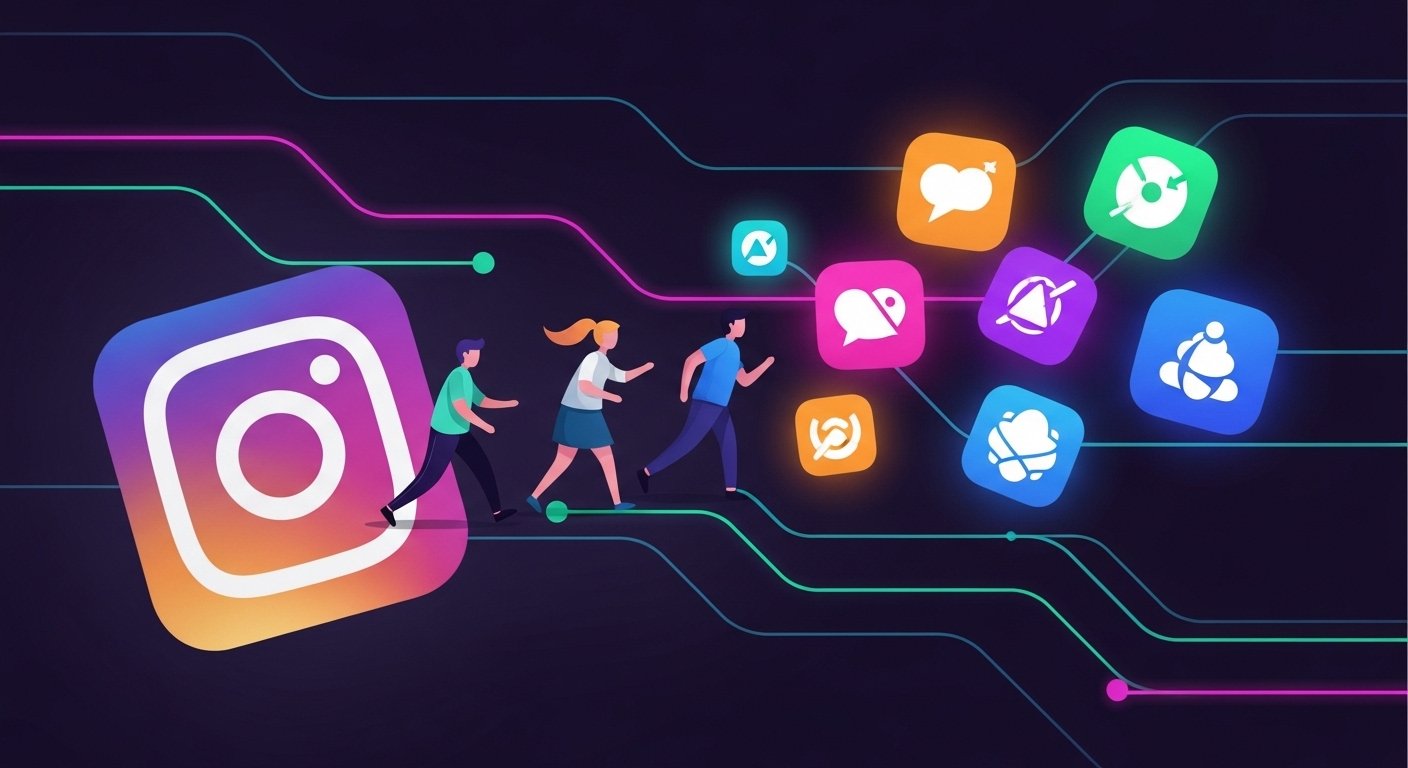 Ilustração mostrando pessoas migrando de um ícone do Instagram em direção a novos ícones de redes sociais, simbolizando a perda de público