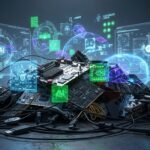 Uma pilha crescente de lixo eletrônico, incluindo placas-mãe e processadores de computadores antigos, em contraste com a imagem de uma interface de inteligência artificial moderna e futurista, simbolizando o descarte de tecnologia devido à nova IA.