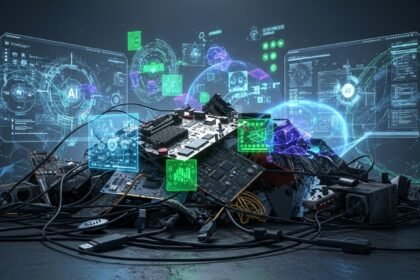 Uma pilha crescente de lixo eletrônico, incluindo placas-mãe e processadores de computadores antigos, em contraste com a imagem de uma interface de inteligência artificial moderna e futurista, simbolizando o descarte de tecnologia devido à nova IA.
