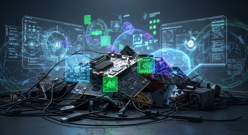 Uma pilha crescente de lixo eletrônico, incluindo placas-mãe e processadores de computadores antigos, em contraste com a imagem de uma interface de inteligência artificial moderna e futurista, simbolizando o descarte de tecnologia devido à nova IA.