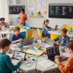 Alunos engajados com robôs educativos em sala de aula, demonstrando o impacto da robótica no aprendizado e desenvolvimento de habilidades.
