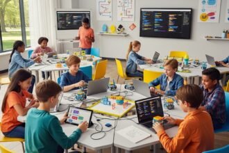 Alunos engajados com robôs educativos em sala de aula, demonstrando o impacto da robótica no aprendizado e desenvolvimento de habilidades.