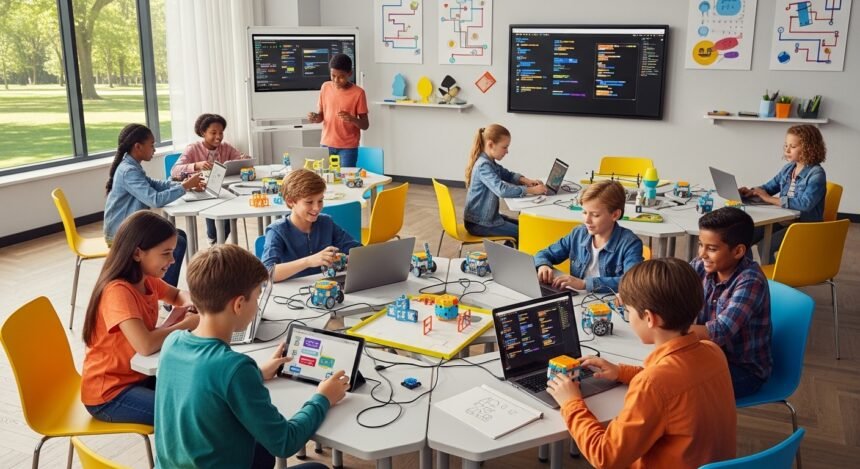 Alunos engajados com robôs educativos em sala de aula, demonstrando o impacto da robótica no aprendizado e desenvolvimento de habilidades.