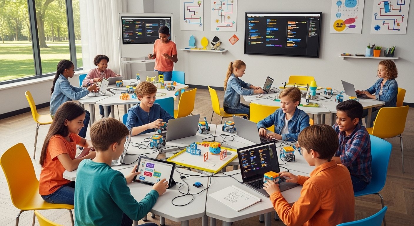 Alunos engajados com robôs educativos em sala de aula, demonstrando o impacto da robótica no aprendizado e desenvolvimento de habilidades.