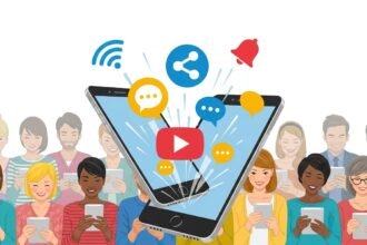 Ilustração de um smartphone com ícones de redes sociais (compartilhar, curtir, comentar, sino) e pessoas engajando, simbolizando o alcance orgânico gratuito.