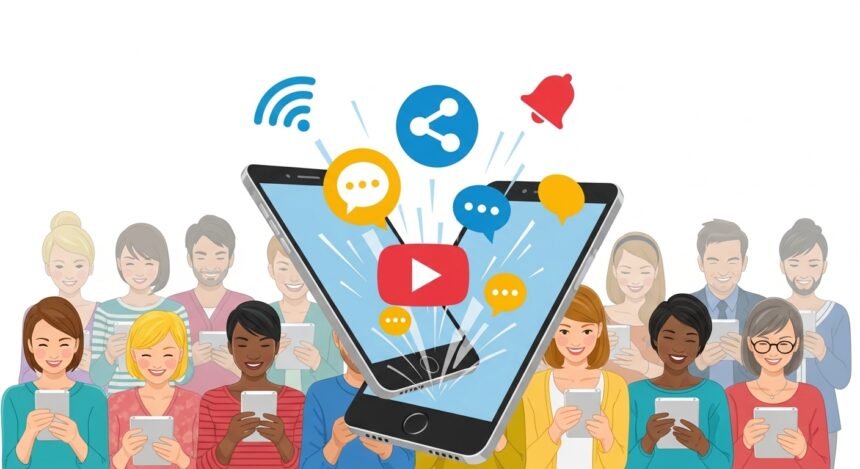 Ilustração de um smartphone com ícones de redes sociais (compartilhar, curtir, comentar, sino) e pessoas engajando, simbolizando o alcance orgânico gratuito.