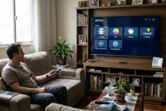 Pessoa feliz assistindo TV 3.0 com nova tecnologia e imagem cristalina.