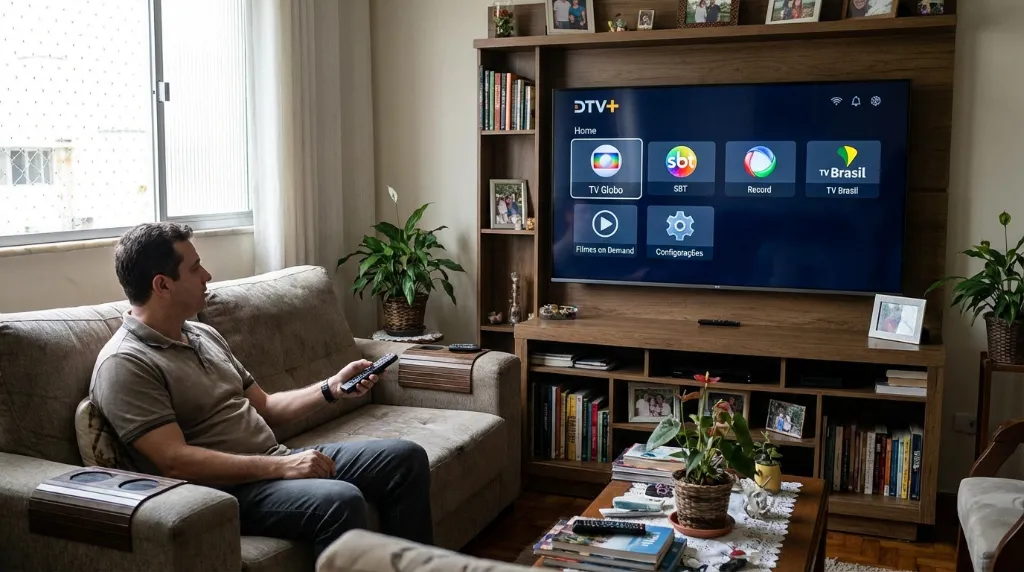 Pessoa feliz assistindo TV 3.0 com nova tecnologia e imagem cristalina.