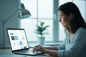 Ilustração de uma pessoa alcançando sucesso e vendendo online sem anúncios, com ícones de crescimento e resultados.