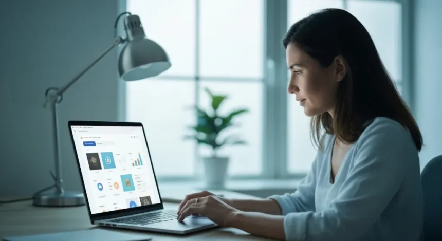 Ilustração de uma pessoa alcançando sucesso e vendendo online sem anúncios, com ícones de crescimento e resultados.